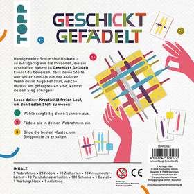 Rückseite der Spielschachtel „Geschickt Gefädelt" vom TOPP-Verlag. Oben der bunte Titel, darunter ein Beschreibungstext und drei nummerierte Spielschritte: Schnüre auswählen, in den Webrahmen einfädeln, Muster bilden. Rechts eine Illustration eines gelben Webrahmen mit bunten Schnüren, umgeben von stilisierten Händen in Orange und Pink. Unten die Inhaltsliste: 5 Webrahmen, 20 Knöpfe, 10 Zielkarten, 10 Kreuzmusterkarten, 10 Parallelmusterkarten, 100 Schnüre, 1 Beutel, 1 Wertungsblock, 1 Anleitung. Altersangabe: ab 3 Jahren.