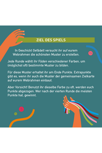 Quadratische Infografik auf dunkelgrünem Hintergrund mit dem Titel „Ziel des Spiels" auf olivgrünem Banner. Der Text erklärt: Spielende erstellen auf ihrem Webrahmen Muster aus farbigen Fäden, erhalten dafür Punkte und Extrapunkte für gemeinsame Zielkartenmuster. Wer eine Farbe zu oft nutzt, verliert Punkte. Nach vier Runden gewinnt, wer die meisten Punkte hat. Dekorativ: stilisierte Hände in Orange und Pink, bunte Knöpfe und Schnüre.