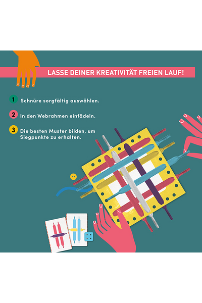 Quadratische Infografik auf dunkelgrünem Hintergrund mit dem Titel „Lasse deiner Kreativität freien Lauf!" auf pinkfarbenem Banner. Drei nummerierte Schritte: 1. Schnüre sorgfältig auswählen. 2. In den Webrahmen einfädeln. 3. Die besten Muster bilden, um Siegpunkte zu erhalten. Daneben eine Draufsicht auf einen gelben Webrahmen mit eingefädelten bunten Schnüren in Rot, Blau, Lila und Grau. Unten links zwei Musterkarten, rechts eine stilisierte pink-rote Hand.