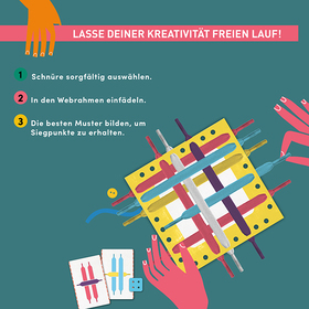 Quadratische Infografik auf dunkelgrünem Hintergrund mit dem Titel „Lasse deiner Kreativität freien Lauf!" auf pinkfarbenem Banner. Drei nummerierte Schritte: 1. Schnüre sorgfältig auswählen. 2. In den Webrahmen einfädeln. 3. Die besten Muster bilden, um Siegpunkte zu erhalten. Daneben eine Draufsicht auf einen gelben Webrahmen mit eingefädelten bunten Schnüren in Rot, Blau, Lila und Grau. Unten links zwei Musterkarten, rechts eine stilisierte pink-rote Hand.