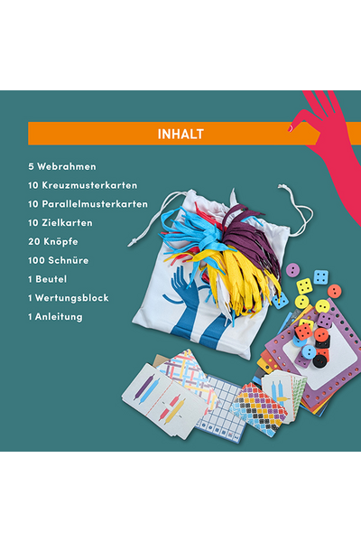 Quadratische Infografik auf dunkelgrünem Hintergrund mit dem Titel „Inhalt" auf orangefarbenem Banner. Links eine Liste: 5 Webrahmen, 10 Kreuzmusterkarten, 10 Parallelmusterkarten, 10 Zielkarten, 20 Knöpfe, 100 Schnüre, 1 Beutel, 1 Wertungsblock, 1 Anleitung. Rechts das Spielmaterial: ein weißer Stoffbeutel mit blauem Logo, aus dem bunte Schnüre in Gelb, Blau und Lila quellen, daneben bunte Holzknöpfe und Würfel sowie mehrere Spielkarten. Oben rechts eine stilisierte pink-rote Hand.