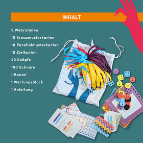 Quadratische Infografik auf dunkelgrünem Hintergrund mit dem Titel „Inhalt" auf orangefarbenem Banner. Links eine Liste: 5 Webrahmen, 10 Kreuzmusterkarten, 10 Parallelmusterkarten, 10 Zielkarten, 20 Knöpfe, 100 Schnüre, 1 Beutel, 1 Wertungsblock, 1 Anleitung. Rechts das Spielmaterial: ein weißer Stoffbeutel mit blauem Logo, aus dem bunte Schnüre in Gelb, Blau und Lila quellen, daneben bunte Holzknöpfe und Würfel sowie mehrere Spielkarten. Oben rechts eine stilisierte pink-rote Hand.