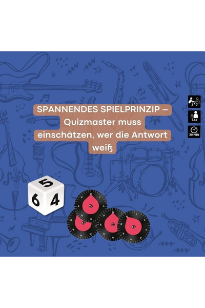 Werbegrafik auf blauem Hintergrund mit Musikinstrumenten-Muster. Text: „Spannendes Spielprinzip – Quizmaster muss einschätzen, wer die Antwort weiß." Rechts oben drei Icons: Spieleranzahl 3–7, Mindestalter 14+, Spieldauer 30 Minuten. Unten links ein weißer Würfel mit den Zahlen 4, 5 und 6, daneben vier schwarze scheibenförmige Punktezähler im Vinyl-Look mit rotem Zeiger.