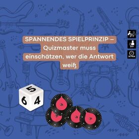 Werbegrafik auf blauem Hintergrund mit Musikinstrumenten-Muster. Text: „Spannendes Spielprinzip – Quizmaster muss einschätzen, wer die Antwort weiß." Rechts oben drei Icons: Spieleranzahl 3–7, Mindestalter 14+, Spieldauer 30 Minuten. Unten links ein weißer Würfel mit den Zahlen 4, 5 und 6, daneben vier schwarze scheibenförmige Punktezähler im Vinyl-Look mit rotem Zeiger.