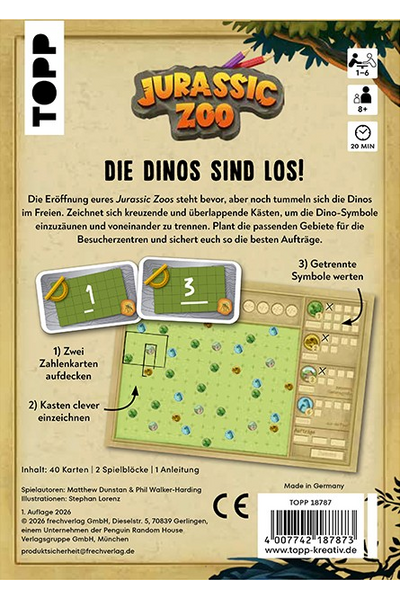 Rückseite der Spielschachtel von „Jurassic Zoo" (Verlag TOPP). Oben das Spiellogo, darunter der Titel „Die Dinos sind los!" und ein kurzer Einführungstext. In der Mitte eine illustrierte Schritt-für-Schritt-Anleitung: 1) Zwei Zahlenkarten aufdecken, 2) Kästen clever einzeichnen, 3) Getrennte Symbole werten – mit Abbildungen der Spielkarten und eines Spielblocks. Unten Angaben zu Inhalt, Autoren, Verlag und Barcode. Symbole zeigen: 1–6 Spieler, ab 8 Jahren, ca. 20 Minuten Spielzeit.