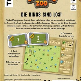 Rückseite der Spielschachtel von „Jurassic Zoo" (Verlag TOPP). Oben das Spiellogo, darunter der Titel „Die Dinos sind los!" und ein kurzer Einführungstext. In der Mitte eine illustrierte Schritt-für-Schritt-Anleitung: 1) Zwei Zahlenkarten aufdecken, 2) Kästen clever einzeichnen, 3) Getrennte Symbole werten – mit Abbildungen der Spielkarten und eines Spielblocks. Unten Angaben zu Inhalt, Autoren, Verlag und Barcode. Symbole zeigen: 1–6 Spieler, ab 8 Jahren, ca. 20 Minuten Spielzeit.