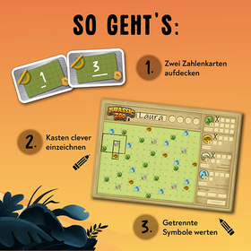 Anleitung „So geht's" auf orangem Hintergrund. Schritt 1: Zwei Zahlenkarten aufdecken (Abbildung zweier Karten mit den Zahlen 1 und 3). Schritt 2: Kästen clever einzeichnen (Illustration eines Spielblocks mit eingezeichneten Kästen und Dino-Symbolen, beschriftet mit dem Namen „Laura"). Schritt 3: Getrennte Symbole werten. Unten links dekorative dunkle Pflanzensilhouetten.