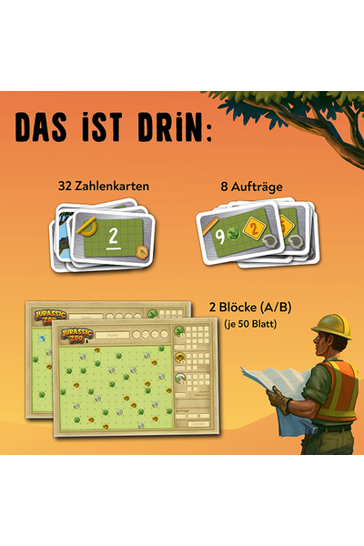 Übersichtsbild „Das ist drin" auf orangem Hintergrund. Abgebildet sind die Spielkomponenten: 32 Zahlenkarten (Kartenstapel mit Zahl „2"), 8 Aufträge (Kartenstapel mit Zahl „9" und Symbolen), sowie 2 Spielblöcke A und B (je 50 Blatt) mit Vorschau der bedruckten Spielbögen. Rechts unten eine Illustration eines Zoomitarbeiters mit Helm und Bauplänen.