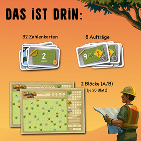 Übersichtsbild „Das ist drin" auf orangem Hintergrund. Abgebildet sind die Spielkomponenten: 32 Zahlenkarten (Kartenstapel mit Zahl „2"), 8 Aufträge (Kartenstapel mit Zahl „9" und Symbolen), sowie 2 Spielblöcke A und B (je 50 Blatt) mit Vorschau der bedruckten Spielbögen. Rechts unten eine Illustration eines Zoomitarbeiters mit Helm und Bauplänen.