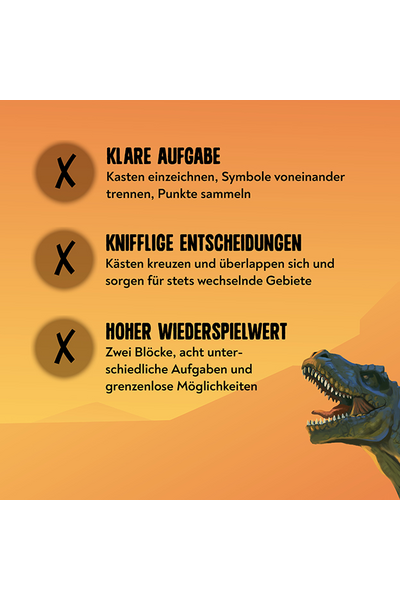 Orangefarbenes Infobild mit drei Vorteilen des Spiels, jeweils mit einem X-Symbol in einem braunen Kreis gekennzeichnet: „Klare Aufgabe – Kasten einzeichnen, Symbole voneinander trennen, Punkte sammeln", „Knifflige Entscheidungen – Kästen kreuzen und überlappen sich und sorgen für stets wechselnde Gebiete", „Hoher Wiederspielwert – Zwei Blöcke, acht unterschiedliche Aufgaben und grenzenlose Möglichkeiten". Unten rechts ist der Kopf eines aufgerissenen T-Rex zu sehen.