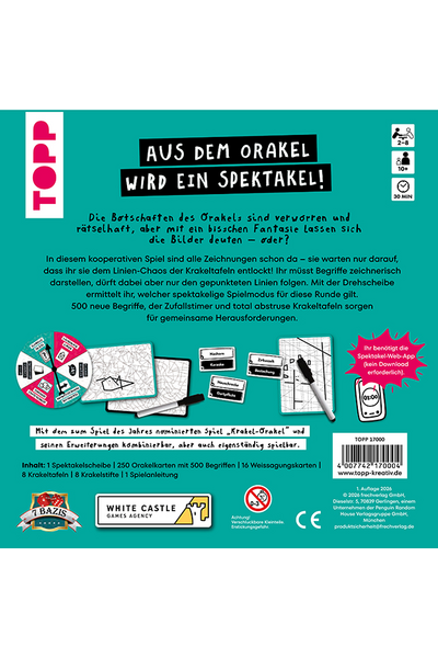 Rückseite der Spielverpackung auf türkisfarbenem Hintergrund. Oben das TOPP-Logo und der Titel „Aus dem Orakel wird ein Spektakel!" Darunter Spielbeschreibung, Abbildungen des Spielmaterials und ein Hinweis auf die Web-App. Unten der vollständige Inhalt aufgelistet sowie Logos von „7 Bazis" und „White Castle Games Agency". Außerdem Piktogramme: 2–8 Spieler, ab 10 Jahren, ca. 30 Minuten Spielzeit. Barcode und Verlagsangaben von TOPP/frechverlag. Hinweis: kombinierbar mit dem nominierten Spiel „Krakel-Orakel".