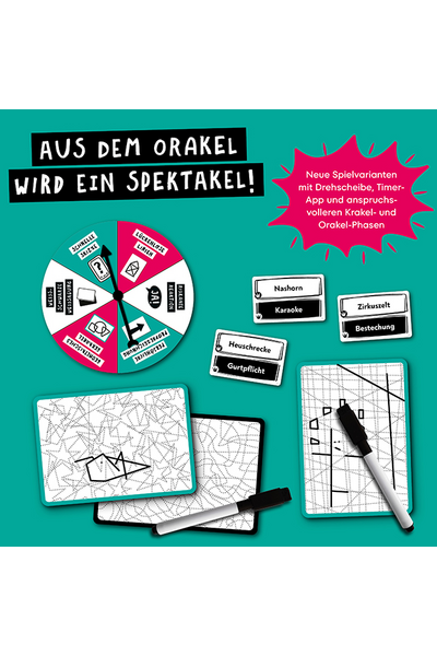 Werbegrafik auf türkisfarbenem Hintergrund. Oben der Titel in großen schwarzen Buchstaben auf weißem Grund: „Aus dem Orakel wird ein Spektakel!" Daneben ein pinker Starburst mit dem Text: „Neue Spielvarianten mit Drehscheibe, Timer-App und anspruchsvolleren Krakel- und Orakel-Phasen." Links eine weiß-pinke Drehscheibe mit verschiedenen Spielmodi. Darunter zwei abwischbare Zeichentafeln mit Stiften. Rechts mehrere schwarz-weiße Begriffskarten mit Wörtern wie „Nashorn", „Karaoke", „Zirkuszelt", „Bestechung", „Heuschrecke" und „Gurtpflicht".