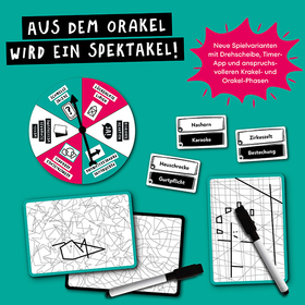 Werbegrafik auf türkisfarbenem Hintergrund. Oben der Titel in großen schwarzen Buchstaben auf weißem Grund: „Aus dem Orakel wird ein Spektakel!" Daneben ein pinker Starburst mit dem Text: „Neue Spielvarianten mit Drehscheibe, Timer-App und anspruchsvolleren Krakel- und Orakel-Phasen." Links eine weiß-pinke Drehscheibe mit verschiedenen Spielmodi. Darunter zwei abwischbare Zeichentafeln mit Stiften. Rechts mehrere schwarz-weiße Begriffskarten mit Wörtern wie „Nashorn", „Karaoke", „Zirkuszelt", „Bestechung", „Heuschrecke" und „Gurtpflicht".