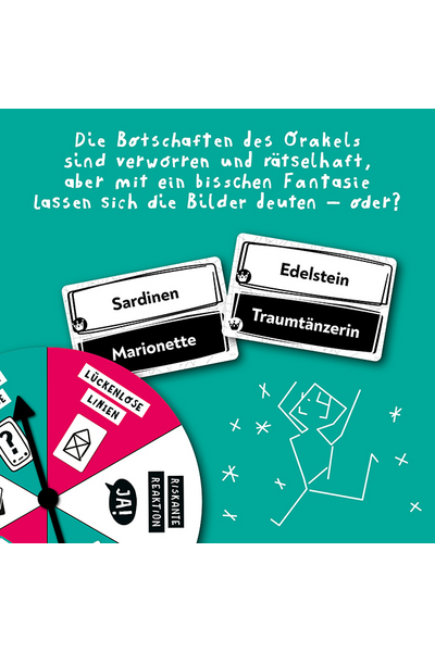 Werbegrafik auf türkisfarbenem Hintergrund. Oben handgeschriebener Text: „Die Botschaften des Orakels sind verworren und rätselhaft, aber mit ein bisschen Fantasie lassen sich die Bilder deuten – oder?" Links unten ein Ausschnitt einer pink-weißen Drehscheibe. Daneben zwei Begriffskarten: eine mit „Sardinen" und „Marionette", eine mit „Edelstein" und „Traumtänzerin". Rechts eine weiße Strichzeichnung auf Türkis, die eine tanzende Figur andeutet.