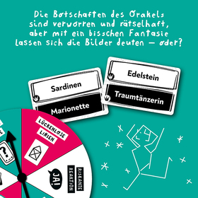 Werbegrafik auf türkisfarbenem Hintergrund. Oben handgeschriebener Text: „Die Botschaften des Orakels sind verworren und rätselhaft, aber mit ein bisschen Fantasie lassen sich die Bilder deuten – oder?" Links unten ein Ausschnitt einer pink-weißen Drehscheibe. Daneben zwei Begriffskarten: eine mit „Sardinen" und „Marionette", eine mit „Edelstein" und „Traumtänzerin". Rechts eine weiße Strichzeichnung auf Türkis, die eine tanzende Figur andeutet.