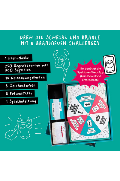 Werbegrafik auf türkisfarbenem Hintergrund. Oben der Titel: „Dreh die Scheibe und krakele mit 6 brandneuen Challenges." Links eine Liste des Spielinhalts: 1 Drehscheibe, 250 Begriffskarten mit 500 Begriffen, 16 Weissagungskarten, 8 Zeichentafeln, 8 Folienstifte, 1 Spielanleitung. Rechts die geöffnete Spielschachtel mit sichtbarer Drehscheibe und Spielmaterial. Ein pinker Starburst weist darauf hin, dass die Spektakel-Web-App benötigt wird (kein Download erforderlich).