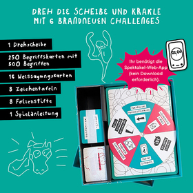 Werbegrafik auf türkisfarbenem Hintergrund. Oben der Titel: „Dreh die Scheibe und krakele mit 6 brandneuen Challenges." Links eine Liste des Spielinhalts: 1 Drehscheibe, 250 Begriffskarten mit 500 Begriffen, 16 Weissagungskarten, 8 Zeichentafeln, 8 Folienstifte, 1 Spielanleitung. Rechts die geöffnete Spielschachtel mit sichtbarer Drehscheibe und Spielmaterial. Ein pinker Starburst weist darauf hin, dass die Spektakel-Web-App benötigt wird (kein Download erforderlich).