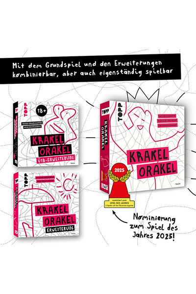 Werbegrafik auf weißem Hintergrund. Oben der Text: „Mit dem Grundspiel und den Erweiterungen kombinierbar, aber auch eigenständig spielbar." Links zwei kleinere Spielschachteln: „Krakel Orakel Ü18-Erweiterung" (mit dem Hinweis „18+") und „Krakel Orakel Erweiterung". Rechts die große Hauptspielschachtel „Krakel Orakel" mit einer pinken Auszeichnung „2025" und dem Hinweis „Nominierung zum Spiel des Jahres 2025!". Alle Schachteln zeigen das charakteristische weiß-pinke Design mit Krakel-Zeichnungen.