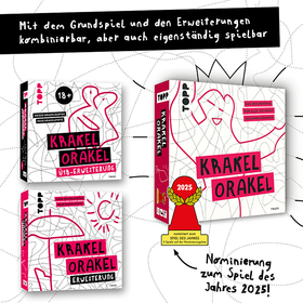 Werbegrafik auf weißem Hintergrund. Oben der Text: „Mit dem Grundspiel und den Erweiterungen kombinierbar, aber auch eigenständig spielbar." Links zwei kleinere Spielschachteln: „Krakel Orakel Ü18-Erweiterung" (mit dem Hinweis „18+") und „Krakel Orakel Erweiterung". Rechts die große Hauptspielschachtel „Krakel Orakel" mit einer pinken Auszeichnung „2025" und dem Hinweis „Nominierung zum Spiel des Jahres 2025!". Alle Schachteln zeigen das charakteristische weiß-pinke Design mit Krakel-Zeichnungen.
