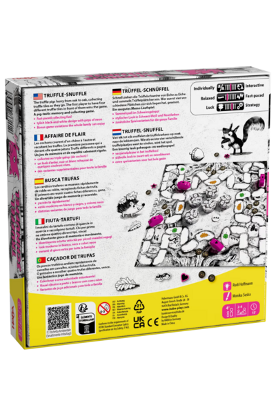 Rückseite der Spielschachtel von „Trüffel-Schnüffel" (HABA). Oben links die Spielbeschreibung in sechs Sprachen (Englisch, Französisch, Spanisch, Italienisch, Portugiesisch, Deutsch und Niederländisch): Trüffelschweine eilen von Eiche zu Eiche und sammeln Trüffelplättchen – wer zuerst vier verschiedene hat, gewinnt. Rechts oben eine Grafik-Leiste mit Spieleigenschaften (individuell/interaktiv, entspannt/schnell, Glück/Strategie). In der Bildmitte eine Illustration des Spielfelds mit pinken Spielfiguren, einem Igel und einem Eichhörnchen. Unten die Verlagsangaben (Habermaass GmbH, Bad Rodach), Spieleautor Rudi Hoffmann, Illustratorin Monika Suska sowie Altersangabe ab 4 Jahren, 2–4 Spieler, ca. 15 Minuten Spielzeit.