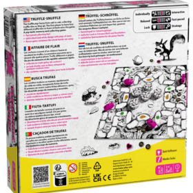 Rückseite der Spielschachtel von „Trüffel-Schnüffel" (HABA). Oben links die Spielbeschreibung in sechs Sprachen (Englisch, Französisch, Spanisch, Italienisch, Portugiesisch, Deutsch und Niederländisch): Trüffelschweine eilen von Eiche zu Eiche und sammeln Trüffelplättchen – wer zuerst vier verschiedene hat, gewinnt. Rechts oben eine Grafik-Leiste mit Spieleigenschaften (individuell/interaktiv, entspannt/schnell, Glück/Strategie). In der Bildmitte eine Illustration des Spielfelds mit pinken Spielfiguren, einem Igel und einem Eichhörnchen. Unten die Verlagsangaben (Habermaass GmbH, Bad Rodach), Spieleautor Rudi Hoffmann, Illustratorin Monika Suska sowie Altersangabe ab 4 Jahren, 2–4 Spieler, ca. 15 Minuten Spielzeit.