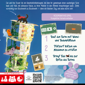 Schachtelrückseite auf blauem Hintergrund. Oben der Titel „Cat and the Tower – Yukis Reise zu den Sternen" in großer weißer Schrift. Darunter ein kurzer Einführungstext: Das Spiel ist ein Geschicklichkeitsspiel, bei dem gemeinsam ein wackeliger Turm gebaut und die schwarze Katze Yuki Stockwerk für Stockwerk nach oben geführt wird. Links eine Illustration des mehrstöckigen Papierturms mit bunten Katzenfiguren. Rechts drei nummerierte Spielschritte: 1. Turm mit Wand- und Bodenplättchen bauen, 2. Katzen platzieren, um Missionen zu erfüllen, 3. Yuki bis zur Turmspitze bringen. Ein lila Feld weist auf die kooperative Spielweise mit enthaltener kompetitiver Variante hin. Unten Angaben zu Spieleranzahl (1–5), Alter (8+), Spieldauer (20 Min.), Spielmaterialliste, Verlagsinfos sowie Warnhinweise in drei Sprachen.