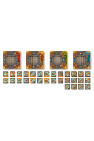 Das Bild zeigt Spielkomponenten eines Fantasy-Brettspiels mit Drachen-Thema.  Obere Reihe – vier Spielerboards: Vier quadratische Spielertableaus, jeweils mit einem 5\times5-Raster aus grauen Steinfeldern in der Mitte. Jedes Board ist mit einem leuchtend orangefarbenen Rahmen verziert und hat in einer Ecke einen andersfarbigen Drachen: einen roten, einen goldgelben, einen grünen und einen blauen Drachen. An den Rändern der Boards befinden sich kleine Symbole (Münzen, Schwerter, Edelsteine), die vermutlich als Wertungsleisten oder Ressourcenanzeigen dienen. Im Hintergrund sind goldene Klauen und Steinstrukturen zu sehen.  Untere Bereich – Spielplättchen: Eine größere Sammlung kleinerer quadratischer Plättchen in zwei Ausführungen:  Normale Plättchen (mit vollständigem Bild): zeigen verschiedene Symbole wie Goldmünzen, bunte Edelsteine, Schwerter und Schatztruhen auf steinigem Hintergrund mit türkisem Glühen. Diagonale Plättchen (mit orangefarbenem Schrägstrich): dieselben Symbole, aber durch eine diagonale Linie geteilt – Doppelfelder mit zwei Ressourcentypen. Insgesamt handelt es sich um das Spielmaterial eines Ressourcensammel- oder Legespiel mit vier Spielerfarben.