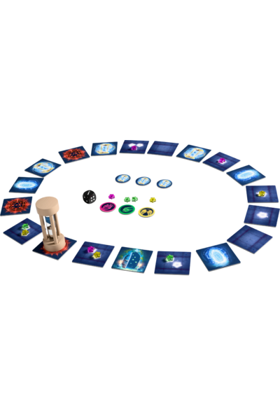 Spielaufbau von „Pixie Time": 18 quadratische blaue Spielkarten sind kreisförmig auf weißem Untergrund ausgelegt. Jede zeigt magische Symbole wie Sanduhr, Pentagramm, Spirale oder ein leuchtendes Tor. In der Mitte befinden sich ein hölzernes Sanduhrobjekt, ein schwarzer Würfel, bunte Sternchen-Spielsteine in Pink, Grün und Gelb sowie runde Chips mit Handgesten-Symbolen in Pink, Grün und Gelb und blaue Sanduhr-Chips.