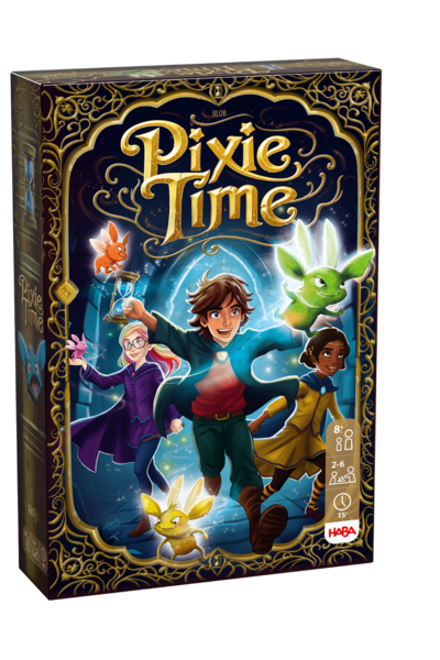 Schachtel des HABA-Spiels „Pixie Time" von Blob. Auf dunklem, mystisch-blauem Hintergrund mit goldenem Ornamentrahmen rennen drei Kinder – ein Junge mit Sanduhr und zwei Mädchen – durch ein magisches Portal. Um sie herum schweben farbige Pixie-Wesen (orange, grün, pink, gelb). Der Titel „Pixie Time" ist in goldenem Schriftzug gehalten. Piktogramme: Alter 8+, 2–6 Spieler, ca. 15 Minuten, HABA.