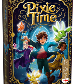 Schachtel des HABA-Spiels „Pixie Time" von Blob. Auf dunklem, mystisch-blauem Hintergrund mit goldenem Ornamentrahmen rennen drei Kinder – ein Junge mit Sanduhr und zwei Mädchen – durch ein magisches Portal. Um sie herum schweben farbige Pixie-Wesen (orange, grün, pink, gelb). Der Titel „Pixie Time" ist in goldenem Schriftzug gehalten. Piktogramme: Alter 8+, 2–6 Spieler, ca. 15 Minuten, HABA.