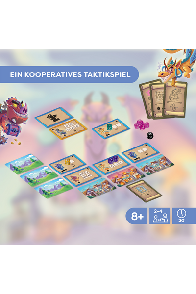 Das Bild zeigt eine Produktübersicht des Brettspiels „Würfeldrachen". Oben links steht in weißer Schrift auf blauem Hintergrund: „Ein kooperatives Taktikspiel".  Im Zentrum sind verschiedene Spielkarten auf einer Fläche ausgebreitet. Sie zeigen fantasievolle Illustrationen: Landschaften mit Bergen und Wiesen, ein brennendes Dorf, sowie Karten mit Drachen-Figuren, Würfeln und Symbolen (Dreiecke, Kreise, Zahlen wie „ ≥ ≥6" oder „ ≥ ≥10"). Einige Karten wirken wie Aufgaben- oder Gegner-Karten, andere wie Ortsplättchen.  Auf und neben den Karten liegen bunte Würfel – pinke/rosafarbene und lila Würfel – sowie ein schwarzer Würfel. Diese gehören offenbar zum Spielmechanismus.  Links im Bild ist ein böse aussehender roter Drache mit einer Schatztruhe zu sehen. Rechts oben erscheint ein freundlich wirkender goldener Drache. Im Hintergrund ist unscharf ein großer rosafarbener Drache erkennbar.  Oben rechts sind drei aufgerollte Pergamentkarten (Szenario- oder Missionskarten) abgebildet.  Unten rechts zeigen drei Infosymbole die Spieleckdaten:  8+ (Altersempfehlung ab 8 Jahren) 2–4 (Spieleranzahl) 20 Minuten (Spieldauer)