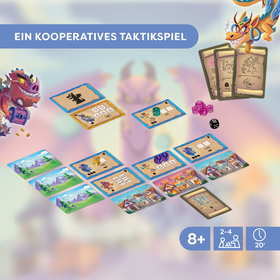 Das Bild zeigt eine Produktübersicht des Brettspiels „Würfeldrachen". Oben links steht in weißer Schrift auf blauem Hintergrund: „Ein kooperatives Taktikspiel".  Im Zentrum sind verschiedene Spielkarten auf einer Fläche ausgebreitet. Sie zeigen fantasievolle Illustrationen: Landschaften mit Bergen und Wiesen, ein brennendes Dorf, sowie Karten mit Drachen-Figuren, Würfeln und Symbolen (Dreiecke, Kreise, Zahlen wie „ ≥ ≥6" oder „ ≥ ≥10"). Einige Karten wirken wie Aufgaben- oder Gegner-Karten, andere wie Ortsplättchen.  Auf und neben den Karten liegen bunte Würfel – pinke/rosafarbene und lila Würfel – sowie ein schwarzer Würfel. Diese gehören offenbar zum Spielmechanismus.  Links im Bild ist ein böse aussehender roter Drache mit einer Schatztruhe zu sehen. Rechts oben erscheint ein freundlich wirkender goldener Drache. Im Hintergrund ist unscharf ein großer rosafarbener Drache erkennbar.  Oben rechts sind drei aufgerollte Pergamentkarten (Szenario- oder Missionskarten) abgebildet.  Unten rechts zeigen drei Infosymbole die Spieleckdaten:  8+ (Altersempfehlung ab 8 Jahren) 2–4 (Spieleranzahl) 20 Minuten (Spieldauer)