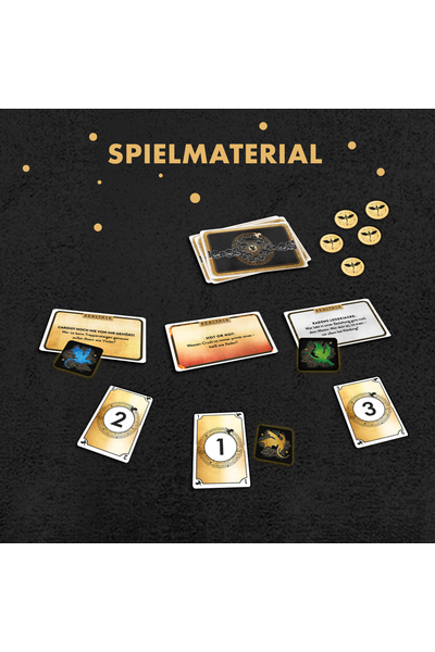 Das Bild zeigt das Spielmaterial eines Kartenspiels namens „Realtalk" auf dunklem Hintergrund. Der Titel „SPIELMATERIAL" steht in goldener Schrift oben, umgeben von kleinen goldenen Punkten.  Zu sehen sind verschiedene Spielkomponenten:  Ein Kartenstapel in der Mitte oben mit dunklem, verziertem Rückendesign. Fünf goldene Münzen mit einem Fledermaus-Symbol, oben rechts. Drei aufgedeckte Fragekarten mit dem Aufdruck „REALTALK", die unterschiedliche Fragen zeigen – u. a. „Cardio? Noch nie von ihr gehört!", „Hot or Not: Wessen Crush ist immer primär eines – heiß wie Xaden?" und „Xadens Lederjacke: Was leiht in einer Beziehung ganz nach dem Motto: Was dein ist mein – vor allem bei Kleidung?". Die Karten haben verschiedene Farbverläufe (beige, orange-rot, weiß). Kleine dunkle Charakterkarten mit farbigen Fantasiewesen (blau, grün, gold), die den Fragekarten zugeordnet sind. Drei goldene Nummerierungskarten (1, 2, 3) im unteren Bereich, die vermutlich zur Abstimmung oder Reihenfolge dienen.
