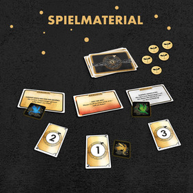 Das Bild zeigt das Spielmaterial eines Kartenspiels namens „Realtalk" auf dunklem Hintergrund. Der Titel „SPIELMATERIAL" steht in goldener Schrift oben, umgeben von kleinen goldenen Punkten.  Zu sehen sind verschiedene Spielkomponenten:  Ein Kartenstapel in der Mitte oben mit dunklem, verziertem Rückendesign. Fünf goldene Münzen mit einem Fledermaus-Symbol, oben rechts. Drei aufgedeckte Fragekarten mit dem Aufdruck „REALTALK", die unterschiedliche Fragen zeigen – u. a. „Cardio? Noch nie von ihr gehört!", „Hot or Not: Wessen Crush ist immer primär eines – heiß wie Xaden?" und „Xadens Lederjacke: Was leiht in einer Beziehung ganz nach dem Motto: Was dein ist mein – vor allem bei Kleidung?". Die Karten haben verschiedene Farbverläufe (beige, orange-rot, weiß). Kleine dunkle Charakterkarten mit farbigen Fantasiewesen (blau, grün, gold), die den Fragekarten zugeordnet sind. Drei goldene Nummerierungskarten (1, 2, 3) im unteren Bereich, die vermutlich zur Abstimmung oder Reihenfolge dienen.