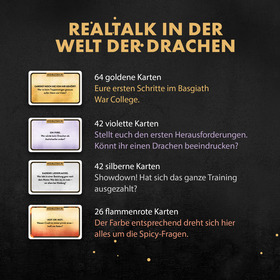 Quadratische Grafik mit schwarzem Hintergrund und goldenem Streuglitzer. Überschrift in großen goldenen Buchstaben: „REALTALK IN DER WELT DER DRACHEN". Darunter vier Spielkarten mit Beschreibungen: Eine goldene Karte (64 goldene Karten – „Eure ersten Schritte im Basgiath War College"), eine violette Karte (42 violette Karten – „Stellt euch den ersten Herausforderungen. Könnt ihr einen Drachen beeindrucken?"), eine silberne Karte (42 silberne Karten – „Showdown! Hat sich das ganze Training ausgezahlt?") und eine flammenrote Karte (26 flammenrote Karten – „Der Farbe entsprechend dreht sich hier alles um die Spicy-Fragen.").