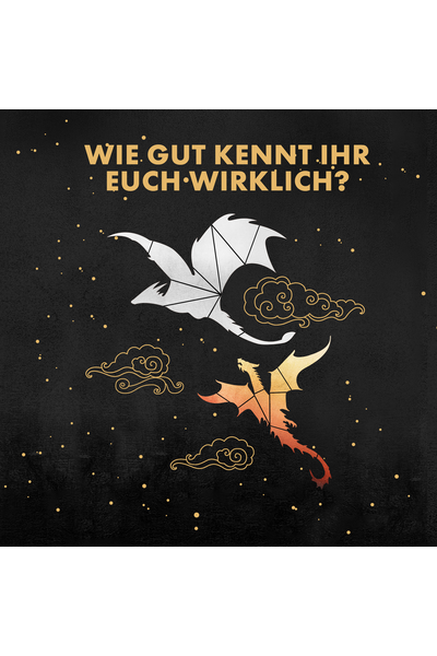 Quadratische Grafik mit schwarzem Nachthimmel-Hintergrund und goldenen Sternenpunkten. Oben in goldenen Großbuchstaben die Frage: „WIE GUT KENNT IHR EUCH WIRKLICH?" In der Bildmitte zwei stilisierte Drachen in geometrischem Linien-Stil: ein silbern-weißer Drache oben und ein feuerrot-goldener Drache unten, beide im Flug. Dazwischen ornamentale goldene Wolken.
