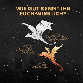 Quadratische Grafik mit schwarzem Nachthimmel-Hintergrund und goldenen Sternenpunkten. Oben in goldenen Großbuchstaben die Frage: „WIE GUT KENNT IHR EUCH WIRKLICH?" In der Bildmitte zwei stilisierte Drachen in geometrischem Linien-Stil: ein silbern-weißer Drache oben und ein feuerrot-goldener Drache unten, beide im Flug. Dazwischen ornamentale goldene Wolken.