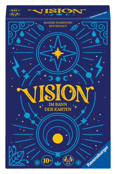 3D-Frontansicht der Spielschachtel von „Vision – Im Bann der Karten" (Ravensburger) auf weißem Hintergrund. Die Schachtel ist tiefblau mit hellblauen mystischen Ornamenten: ein Kompassstern in einem Kreis oben, Blitze, Monde und Sterne. In der Mitte der goldene Schriftzug „VISION" in geschwungener Schrift, darunter „IM BANN DER KARTEN".