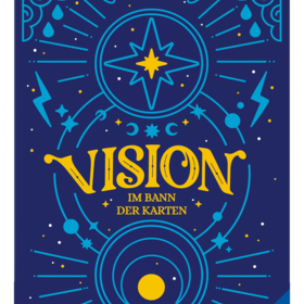 3D-Frontansicht der Spielschachtel von „Vision – Im Bann der Karten" (Ravensburger) auf weißem Hintergrund. Die Schachtel ist tiefblau mit hellblauen mystischen Ornamenten: ein Kompassstern in einem Kreis oben, Blitze, Monde und Sterne. In der Mitte der goldene Schriftzug „VISION" in geschwungener Schrift, darunter „IM BANN DER KARTEN".