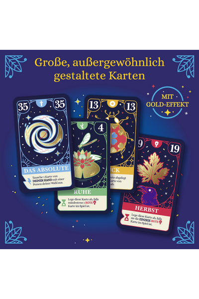 Vier großformatige Spielkarten aus „Vision" auf dunkelblauem Hintergrund, präsentiert mit dem Hinweis „MIT GOLD-EFFEKT". Von links: „Das Absolute" (blau, Wert 35) mit goldenem Spiralmond; „Ruhe" (grün, Wert 4) mit goldener Lotusblüte und Libelle; „Glück" (orange, Wert 13) mit goldenem Marienkäfer; „Herbst" (rot, Wert 19) mit goldenem Ahornblatt und Raben. Überschrift oben: „Große, außergewöhnlich gestaltete Karten."