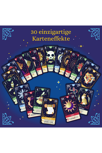 Alle 30 Spielkarten des Kartenspiels „Vision" sind halbkreisförmig aufgefächert auf dunkelblauem Hintergrund angeordnet. Die Karten tragen Werte von 1 bis 30 und zeigen vielfältige mystische Illustrationen: u. a. Totenkopf („Tod"), Sonne („Tag"), Schneeflocke, Fuchs („Tücke"), Schriftrolle („Gesetz"), geometrische Figur und weitere Naturmotive. Überschrift: „30 einzigartige Karteneffekte."