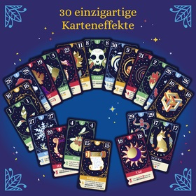 Alle 30 Spielkarten des Kartenspiels „Vision" sind halbkreisförmig aufgefächert auf dunkelblauem Hintergrund angeordnet. Die Karten tragen Werte von 1 bis 30 und zeigen vielfältige mystische Illustrationen: u. a. Totenkopf („Tod"), Sonne („Tag"), Schneeflocke, Fuchs („Tücke"), Schriftrolle („Gesetz"), geometrische Figur und weitere Naturmotive. Überschrift: „30 einzigartige Karteneffekte."