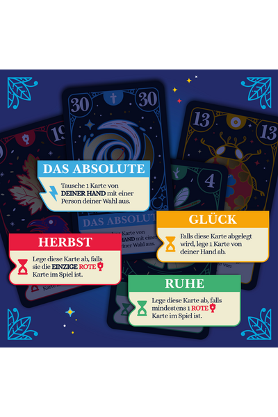 Infografik zu vier Spielkarten aus „Vision" auf dunkelblauem Hintergrund. Vier farbige Textbanner erläutern die Karteneffekte: „Das Absolute" (blau): „Tausche 1 Karte von DEINER HAND mit einer Person deiner Wahl aus." „Herbst" (rot): „Lege diese Karte ab, falls sie die EINZIGE ROTE Karte im Spiel ist." „Glück" (orange): „Falls diese Karte abgelegt wird, lege 1 Karte von deiner Hand ab." „Ruhe" (grün): „Lege diese Karte ab, falls mindestens 1 ROTE Karte im Spiel ist."