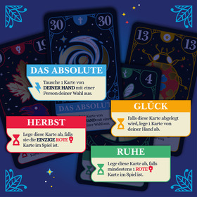Infografik zu vier Spielkarten aus „Vision" auf dunkelblauem Hintergrund. Vier farbige Textbanner erläutern die Karteneffekte: „Das Absolute" (blau): „Tausche 1 Karte von DEINER HAND mit einer Person deiner Wahl aus." „Herbst" (rot): „Lege diese Karte ab, falls sie die EINZIGE ROTE Karte im Spiel ist." „Glück" (orange): „Falls diese Karte abgelegt wird, lege 1 Karte von deiner Hand ab." „Ruhe" (grün): „Lege diese Karte ab, falls mindestens 1 ROTE Karte im Spiel ist."