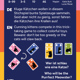 Rückseite der „Cat Trick"-Spielschachtel auf dunkelblauem Hintergrund. Oben Piktogramme für: Alter 8–99, 3–5 Spieler, 15 Minuten Spielzeit, 46 Karten, Autor Nagian, Illustratorinnen Katie Burk und Lucie Morat. Darunter der Spieltext auf Deutsch und Englisch: „Kluge Kätzchen wollen in diesem Stichspiel bunte Spielzeuge sammeln. Seid aber nicht zu gierig, sonst fahren die Kätzchen ihre Krallen aus!" / „Cunning kittens compete in this trick-taking game to collect colorful toys. Beware: don't be too greedy or the cats will claw back." Eine kleine Illustration zeigt den Spielablauf: Karten werden gespielt und weitergegeben. Rechts daneben drei Beispielkarten. Unten: Logos von Helvetiq, „Easy Go!"-Label und Hinweis auf ein Erklärvideo.