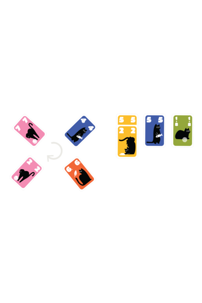 Links sind vier Spielkarten schräg angeordnet – zwei rosafarbene (Zahlen 7 und 2) und zwei gespielte Karten (Blau mit 4, Orange mit 6) –, verbunden durch einen geschwungenen Pfeil, der den Spielzug andeutet. Rechts stehen drei Kartenpaare aufrecht nebeneinander: ein gelbes Paar (5/2), ein blaues Paar (5/5) und ein grünes Paar (1/8). Alle Karten zeigen schwarze Katzensilhouetten mit verschiedenen Accessoires wie Feder, Fisch oder Wollknäuel.